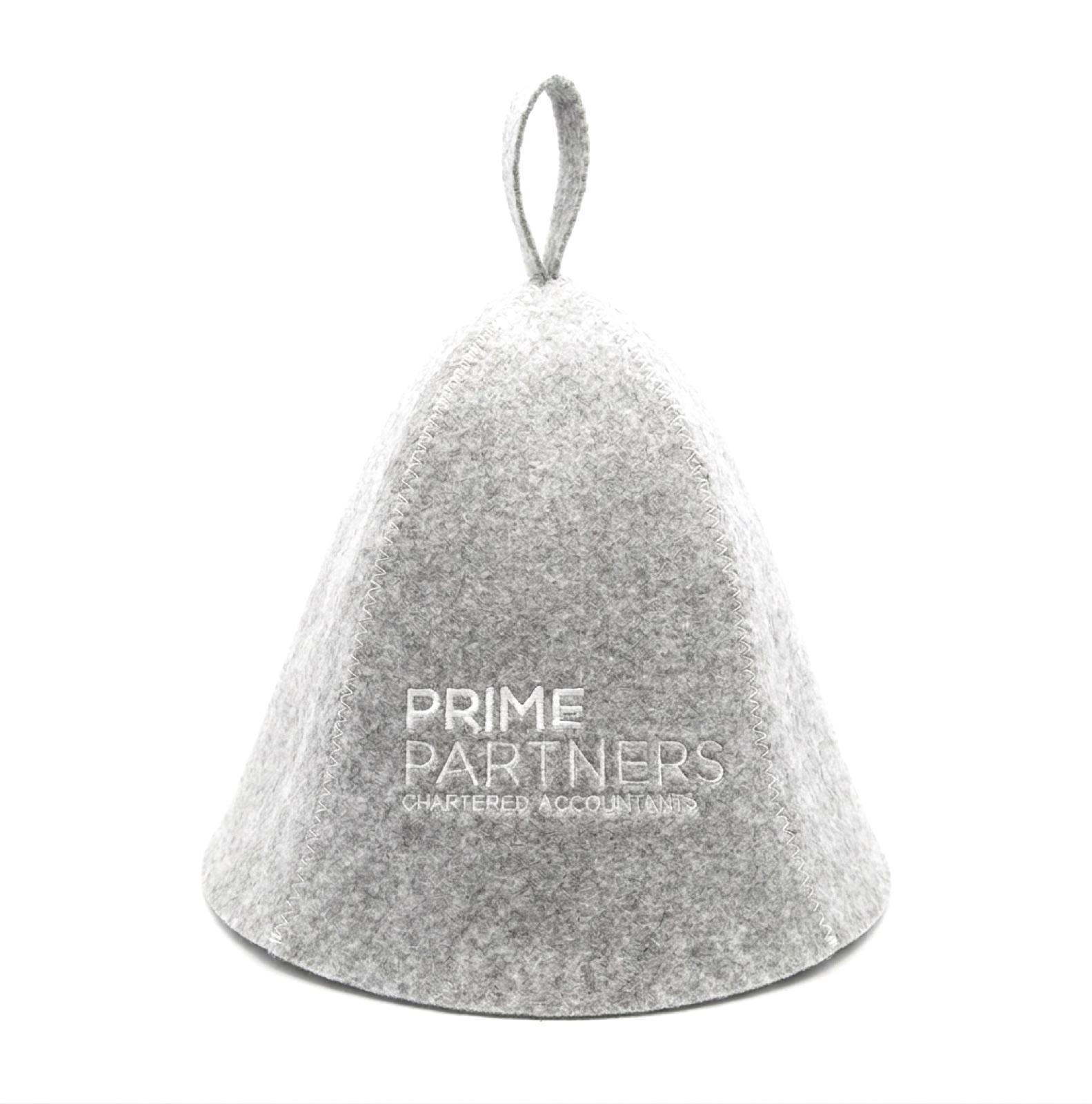 A light heather-grey wool felt sauna hat with a peaked crown, flared brim, white blanket-stitched seams and a felt hanging loop at the top, embroidered PRIME PARTNERS CHARTERED ACCOUNTANTS, photographed on a white background.